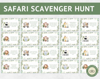 May include: Safari Scavenger Hunt cards with watercolor illustrations of safari animals and greenery. Each card features a riddle. The cards are designed with a green and gold border and the words "Safari Scavenger Hunt" at the top.