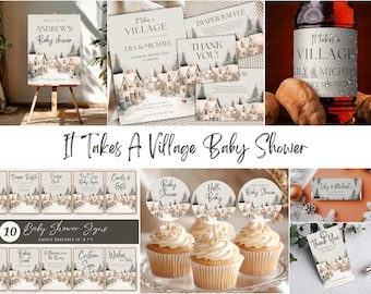 May include: A collection of baby shower decorations with a winter village theme. Includes a welcome sign, invitations, thank you cards, cupcake toppers, and a bottle label. The text "It Takes A Village Baby Shower" is displayed.