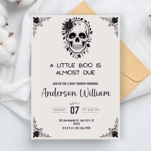 NOVA Halloween Baby Shower Invitation Template, A Little Boo Is Almost Due, Halloween Skull Theme, Gothic Baby Shower Invite