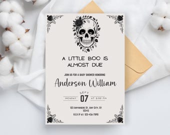 NOVA Halloween Baby Shower Invitation Template, A Little Boo Is Almost Due, Halloween Skull Theme, Gothic Baby Shower Invite