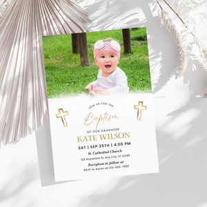 Photo Baptism Invitation Template, Girl Baptism Invitation Template, Wildflower Baptism Invite Christening Invitation Rustic Baptism