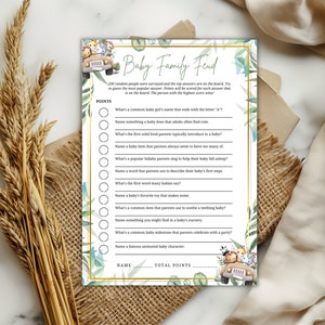 safari Baby Family Feud Game, Greenery  Baby Shower Games Printable,  wild animal Baby Shower Games, Editable Template, Instant Download