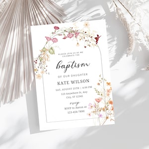 Baptism Invitation Template, Floral Baby Girl Invites Editable, Wildflower Baptism Invite Christening Invitation Rustic Baptism