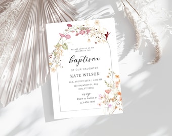 Doop uitnodiging sjabloon, bloemen babymeisje nodigt uit bewerkbaar, wilde bloemen doop uitnodigen doop uitnodiging rustieke doop