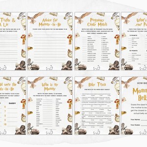 Puede incluir: Un conjunto de tarjetas de juego de baby shower imprimibles con tem&aacute;tica de Harry Potter. Las tarjetas presentan b&uacute;hos, gafas y otras im&aacute;genes con tem&aacute;tica de Harry Potter. Los juegos incluyen "Dos verdades y una mentira", "Consejos para la futura mam&aacute;", "Partida de dulces de embarazo", "Qu&eacute; hay en tu bolso", "Qu&eacute; edad ten&iacute;an los futuros padres", "&iquest;Qui&eacute;n es mi mam&aacute;?", "Trivial de beb&eacute;s" y "Qu&eacute; tan grande est&aacute; la barriga de mam&aacute;".
