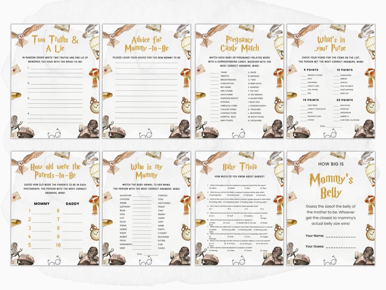 Puede incluir: Un conjunto de tarjetas de juego de baby shower imprimibles con tem&aacute;tica de Harry Potter. Las tarjetas presentan b&uacute;hos, gafas y otras im&aacute;genes con tem&aacute;tica de Harry Potter. Los juegos incluyen "Dos verdades y una mentira", "Consejos para la futura mam&aacute;", "Partida de dulces de embarazo", "Qu&eacute; hay en tu bolso", "Qu&eacute; edad ten&iacute;an los futuros padres", "&iquest;Qui&eacute;n es mi mam&aacute;?", "Trivial de beb&eacute;s" y "Qu&eacute; tan grande est&aacute; la barriga de mam&aacute;".