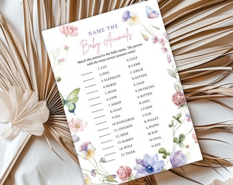 WILDFLOWER baby shower baby dier match spel, groen dieren baby shower baby dier namen quiz kaart activiteit, INSTANT DOWNLOAD