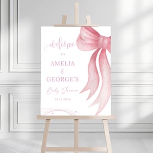 Rosa Schleife Willkommensschild für Babyparty, Rosa Kokette Babyparty Eingangsschild Vorlage, Baby-Duscheschild für Mädchen, Hübsches In Rosa Baby-Poster