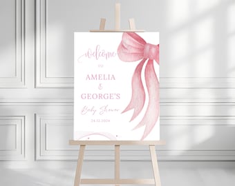 Rosa Schleife Willkommensschild für Babyparty, Rosa Kokette Babyparty Eingangsschild Vorlage, Baby-Duscheschild für Mädchen, Hübsches In Rosa Baby-Poster