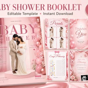 Peut inclure: Un livret rose pour une baby shower avec le texte "Baby Shower Booklet" et "Editable Template Instant Download". Le livret présente une photo d'un couple et comprend des pages avec du texte comme "Meet the Parents" et "Thank You".