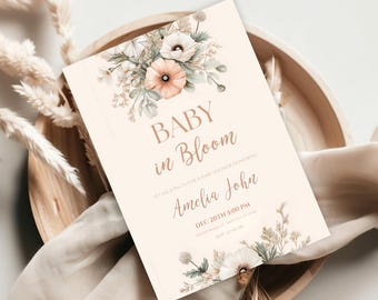 Inbjudan till vintageblommor | Baby in Bloom babyshower-inbjudan | Mall för blommig babyshower | rouge rosa babyshower | Boho babyshower