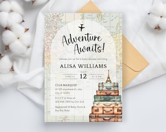 Editable Travel Baby Shower Invitation, World Map Baby Shower Invite, Adventure Awaits Baby Shower Invite, Printable Instant Download