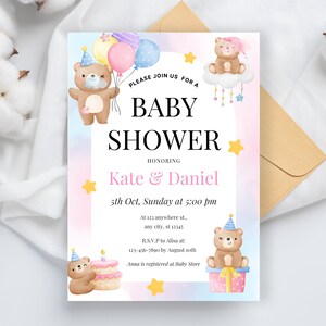 Bear Balloon Baby Shower Invitation, Editable We Can Bearly Wait Shower Invite, Blue Balloon Bear Boy Baby Shower, Instant Download