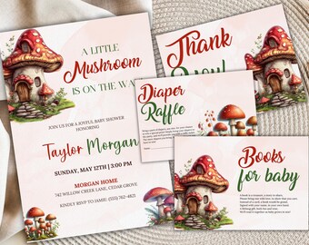 Editable Mushroom Baby Shower Invitation Template, Enchanted Forest Boho Baby Shower Invite, Little Mushroom is on the Way, Gender Neutral