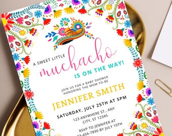 May include: A white baby shower invitation with a colorful floral border. The text reads "A sweet little muchacho is on the way!" and includes the name "Jennifer Smith" and the date and time of the event.