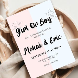 rosa blaues Mädchen oder Junge einladen | Baby Reveal Party Karte | Pastell Rosa und Blau Minimalist Baby | Minimalistische Gender Reveal Party Einladung