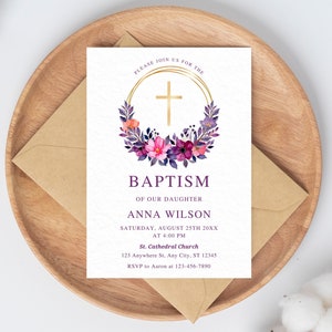 Baptism Invitation Template, Floral Baby Girl Invites Editable, Wildflower Baptism Invite Christening Invitation Rustic Baptism