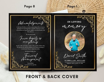 May include: Black and gold funeral program template with a photo of a man in a blue shirt. The front cover reads "In Loving Memory" and the back cover includes an acknowledgement section and a quote about inner beauty. The program includes the deceased's name, dates of birth and death, and funeral service information.