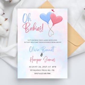 Baby-Dusche-Einladung für zwei Mütter, oh Babies! Rosa und Blaue Luftballons, bearbeitbare Vorlage, Zwillinge oder Besties Babypartyeinladung