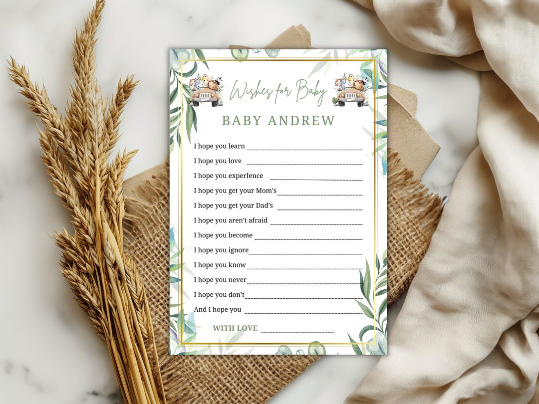 Wishes for Baby. Safari Animals Baby Shower Game. Rustic Jungle ...