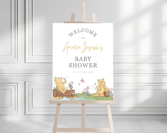 Classic Winnie The Pooh Baby Shower Welcome Sign, Editable Baby Shower Welcome, Welcome Signage Pooh Bear, Party Decor Welcome Poster
