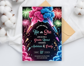May include: A gender reveal invitation with a black background, featuring pink and blue smoke bursts and fireworks. The text reads "He or She" and invites guests to a gender reveal honoring Anderson & Emily.