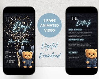 Babyshower-uitnodiging voor jongens| Digitale uitnodigingsset teddybeer | Denim jack thema schattig| Boeken voor baby's | Register | Bedankkaart.