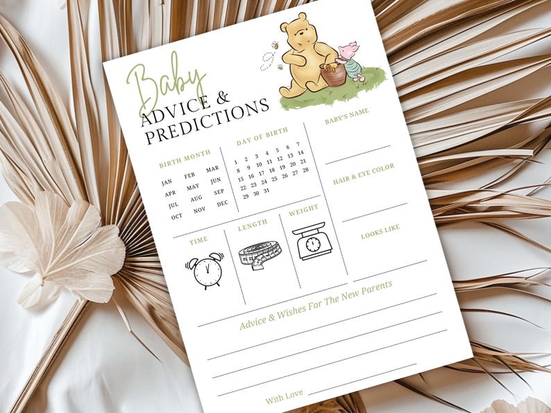 Puede incluir: Una tarjeta de juego de baby shower imprimible con una ilustraci&oacute;n de Winnie de Pooh. La tarjeta tiene secciones para que los invitados predigan el mes, el d&iacute;a, la hora, la longitud, el peso, el color del cabello y los ojos del beb&eacute;, y c&oacute;mo se ver&aacute; el beb&eacute;. La tarjeta tambi&eacute;n tiene una secci&oacute;n para que los invitados escriban consejos y deseos para los nuevos padres.