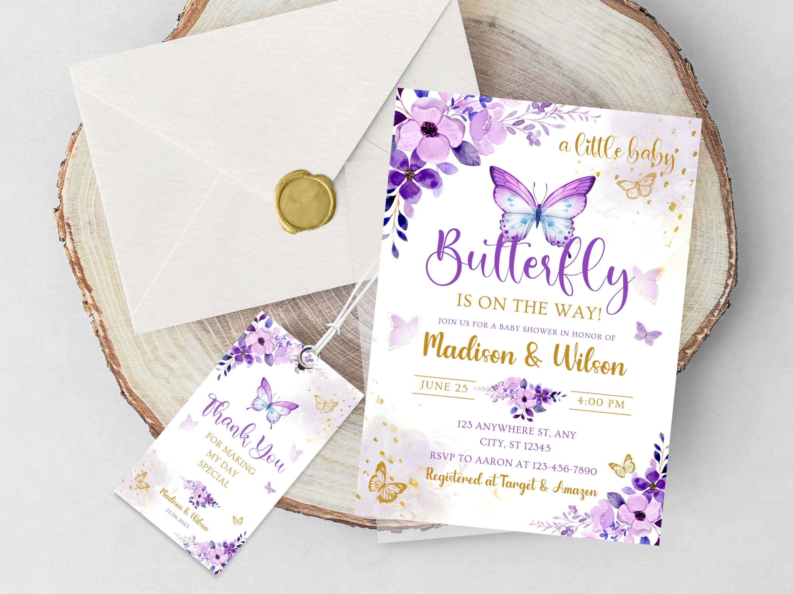 Editable Purple Butterfly Baby Shower Invitation, Butterfly Baby Shower