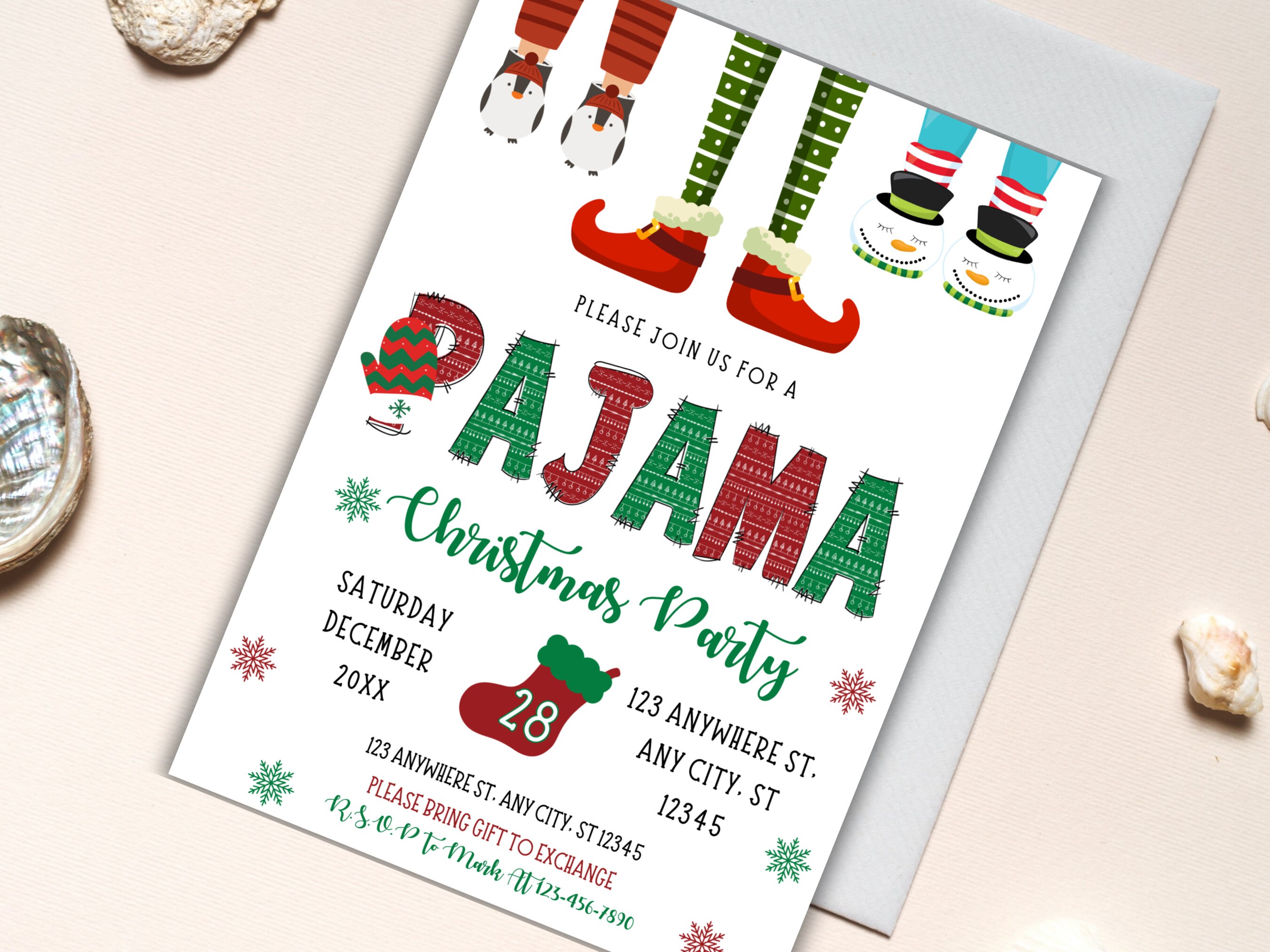 Editable Christmas Pajama Party Invite Template, Printable Holiday