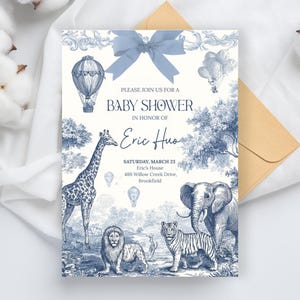 Blue Toile Safari Baby Shower Invitation, Toile de Jouy Baby Shower Invite, Safari Animal Baby Boy Shower, Elephant Giraffe Lion Theme