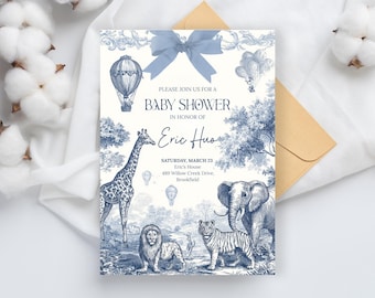 Invitación para baby shower de safari con temática de toile azul: Animales de la selva (plantilla imprimible)