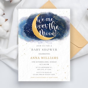 We are over the Moon Baby Shower Invitation, Pink Twinkle Little Star baby shower invite, Moon and Stars Baby Shower Invite