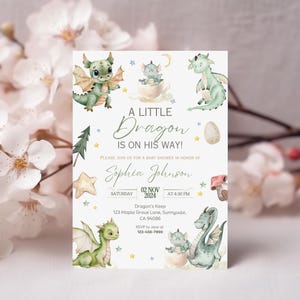 Dragon Baby Shower Invitation, A Little Dragon Is On The Way invite,  Editable Blue Dragons Theme It&#39;s a Boy Template, Watercolor Invite