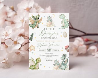 May include: A white baby shower invitation with a green watercolor dragon illustration. The text reads "A Little Dragon Is On His Way!" and includes the name "Sophia Johnson" and the date "02 NOV 2024".