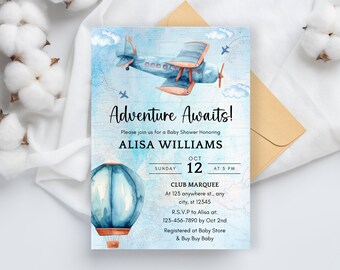 Editable Travel Baby Shower Invitation, World Map Baby Shower Invite, Adventure Awaits Boy Baby Shower Invite, Printable Instant Download