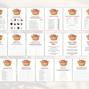 May include: A set of printable baby shower game cards featuring a basket of red berries. The cards include games like "Baby Trivia", "Beer or Baby", "Over or Under", "Mommy or Daddy", "Baby Advice & Predictions", "Nursery Rhyme", "Advice for Mom-to-Be", "Advice for Parents-to-Be", "How Old Were the Parents-to-Be", "Don't Say Baby", "Late Night Diapers", "People Hunt", "Mommy Best", "Baby Item ABC", "Daddy Best", "Baby Food", and "Two Truths & A Lie".