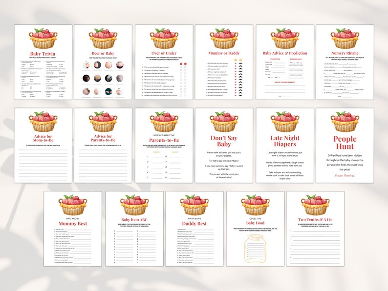 May include: A set of printable baby shower game cards featuring a basket of red berries. The cards include games like "Baby Trivia", "Beer or Baby", "Over or Under", "Mommy or Daddy", "Baby Advice & Predictions", "Nursery Rhyme", "Advice for Mom-to-Be", "Advice for Parents-to-Be", "How Old Were the Parents-to-Be", "Don't Say Baby", "Late Night Diapers", "People Hunt", "Mommy Best", "Baby Item ABC", "Daddy Best", "Baby Food", and "Two Truths & A Lie".