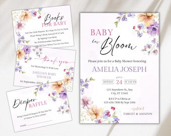 Editable Baby in Bloom Baby Shower Invitation Bundle,Wildflower Butterfly Baby Shower Invite Bundle, Spring Flowers Baby Shower Invite Pack