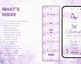 Plantilla de invitación para baby shower con temática de mariposas / Invitación para baby shower en color morado / Plantilla editable en Canva / Baby shower con temática de mariposas / Invitación para confirmar asistencia en el sitio web