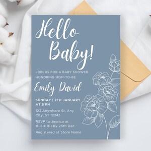 Hello Baby Shower Invitation Template, Boy Baby Shower Blue, DIY Baby Shower Invitation, Minimalist Baby Shower, Instant Download