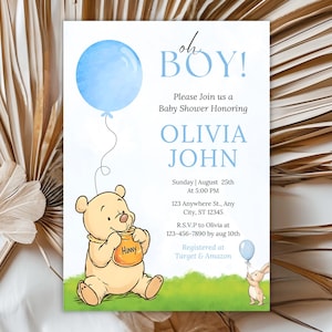Classic Winnie The Pooh Baby Shower Invitation, A Little Hunny is on the Way BABY SHOWER Invitation Boy Baby Shower Invitation
