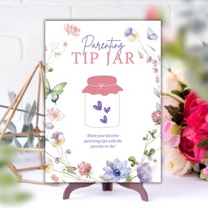 Signe de pot d'astuces parentales et carte de conseils pour les futurs parents, jeu de baby shower de fleurs sauvages, carte de prédictions de bébé, téléchargement immédiat