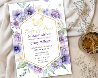 Purple Butterfly Baby Shower Invitation,Boho Baby Shower Invitation for Girl, Purple Butterfly,Butterfly Wildflower Baby Shower Invite