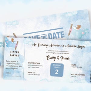 Bewerkbare babyshower boarding pass uitnodigingssjabloon, uitnodiging jongen vliegtuig, luier loterij ticket, blauw reizen thema vliegtuig uitnodigen