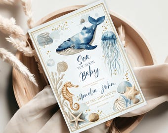 Under the Sea-babyshoweruitnodiging | Afdrukbare nautische walvis oceaanthema-uitnodiging | Babyshower Under The Sea Animals |  Strandbabyshower