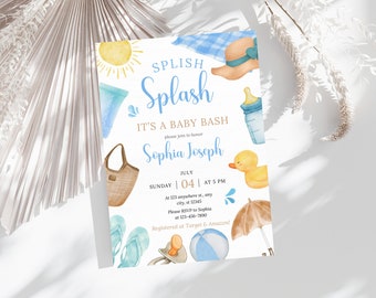 Boy Splish Splash Baby Shower Invitation, Blue Beach Summer Baby Shower Invite, Summer Beach Baby Shower Invitation Template