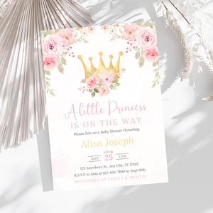 Little Princess Baby Shower Invitation, Floral Princess Baby Shower Invite, Royal Princess Crown Baby Shower Template, Pink Baby Shower