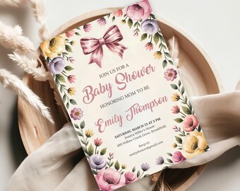 Sjabloon babyshower met bloemen | Bewerkbare lente babyshower uitnodiging | Babyshower voor meisjes | Boho roze babyshower | Lente babyshower