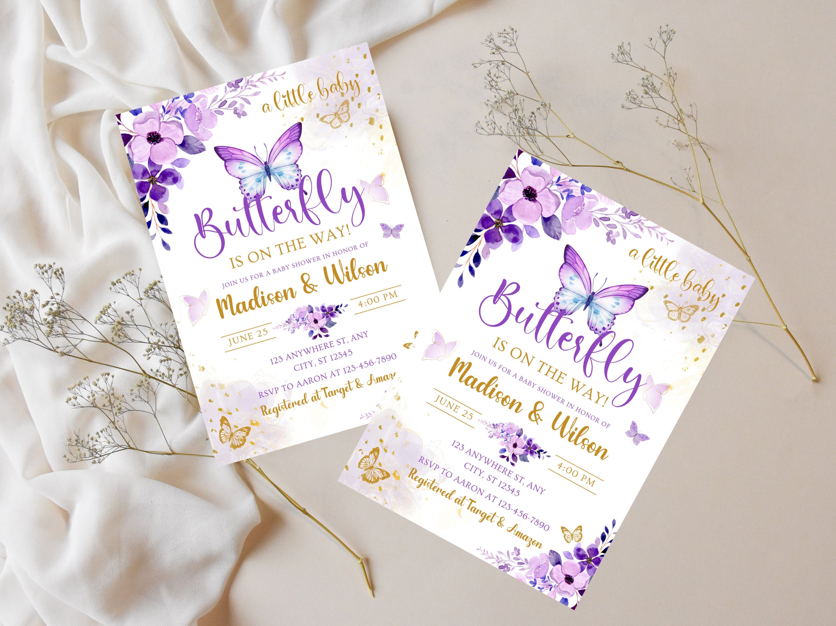 Editable Purple Butterfly Baby Shower Invitation, Butterfly Baby Shower